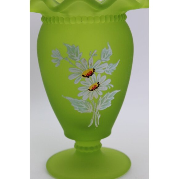 Westmoreland Frosted Green Satin Glass Pedestal Vase With Hand-Painted Floral De - Picture 6 of 7